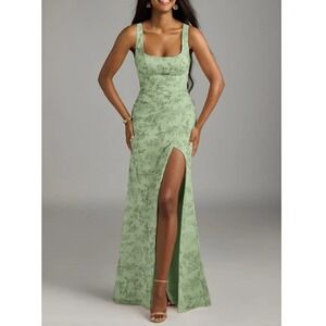 Azazie Mero Women's Green Fern Floral Sheath Pleated Chiffon Maxi‎ Dress Size A8